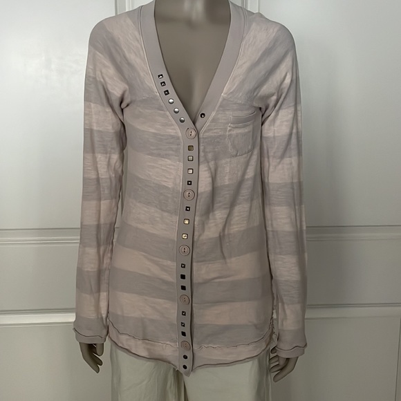 Free People 100% Cotton Long and Lean Studded Striped Cardigan - Picture 1 of 8
